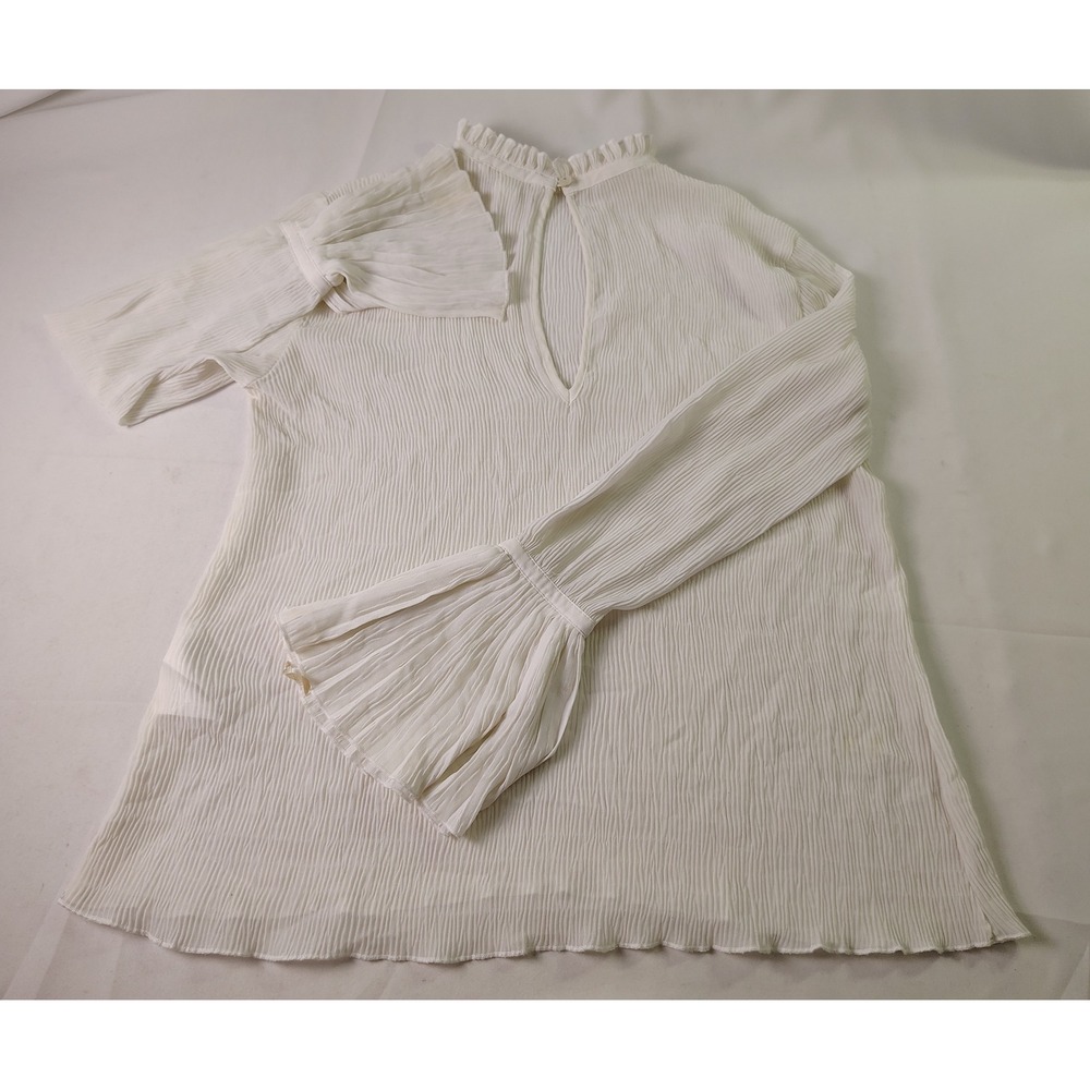 HM White Plisse Blouse High Neck Ruffle Bell Sleeve Keyhole Romantic Victorian 6